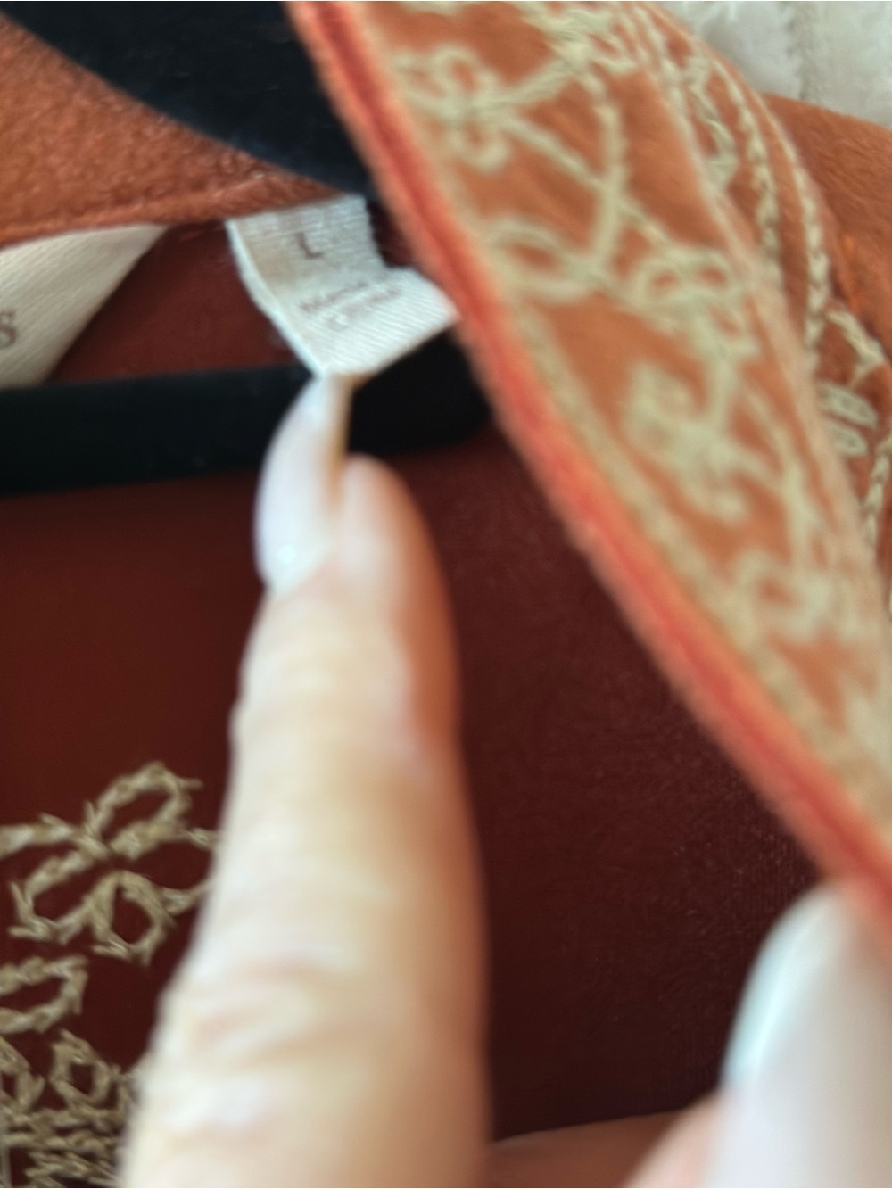 Soft Surroundings orange faux suede boho embroidered duster size L - Picture 7 of 10
